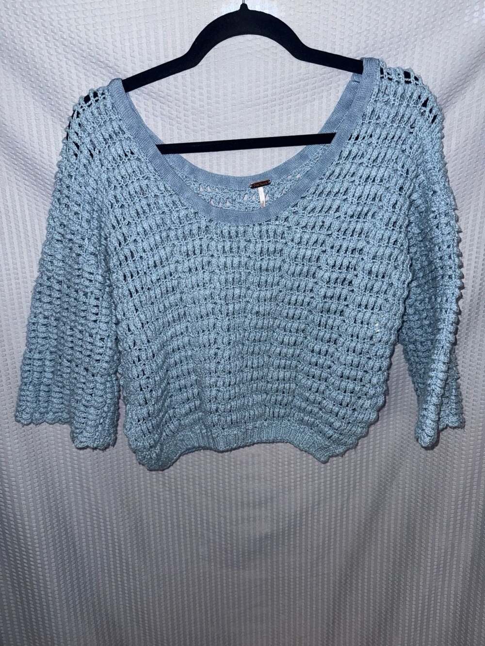 Free People Baby Blue Crocheted Open Knit Crop Sweater
